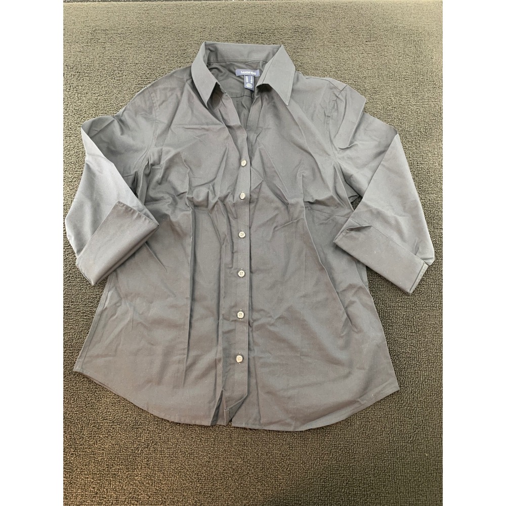 Lands End Women's Black‎ Button Up Collared Shirt 3/4 Sleeve Size 8